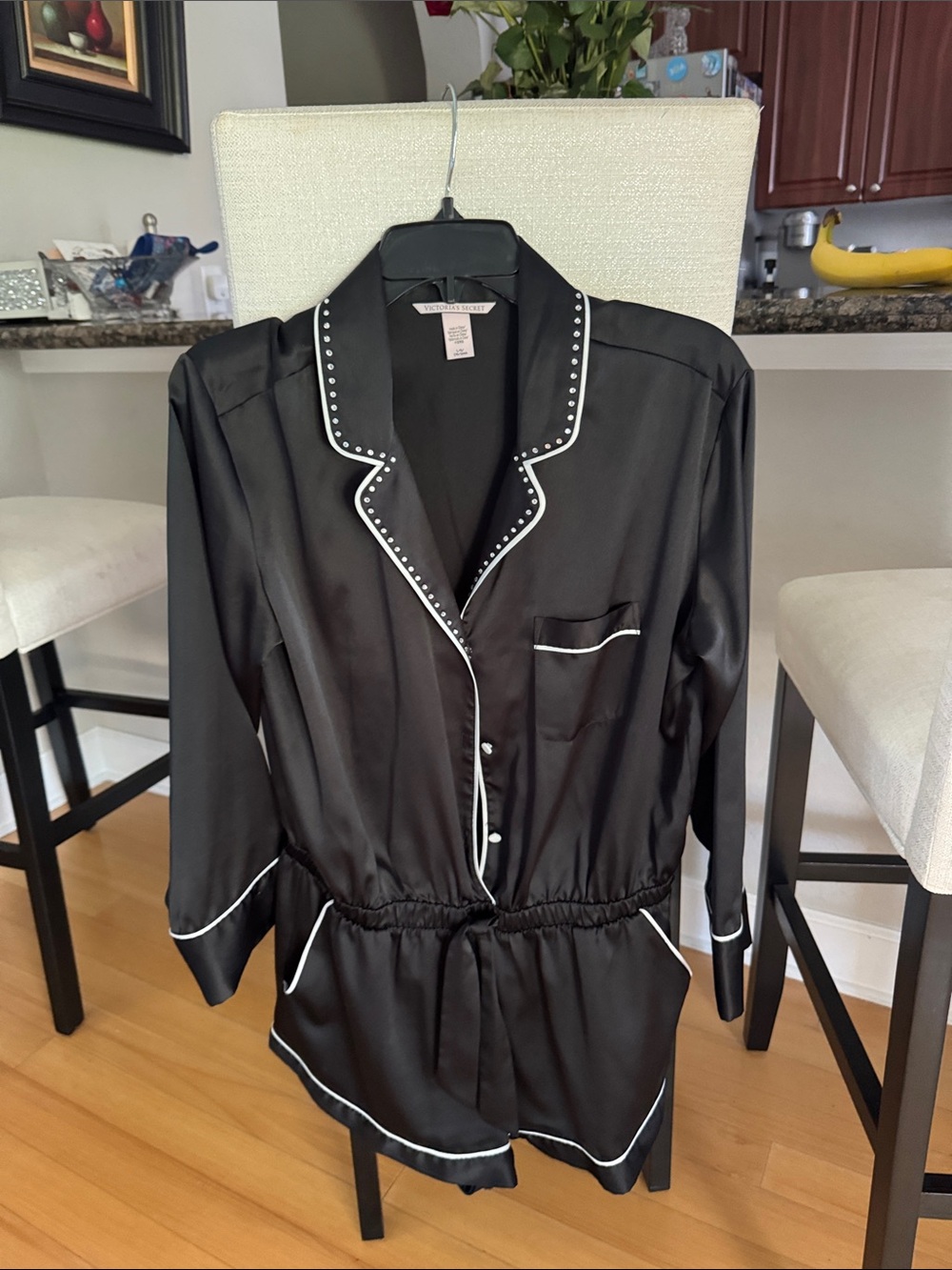 Victoria's Secret Black Satin Long Sleeve Romper with White Trim